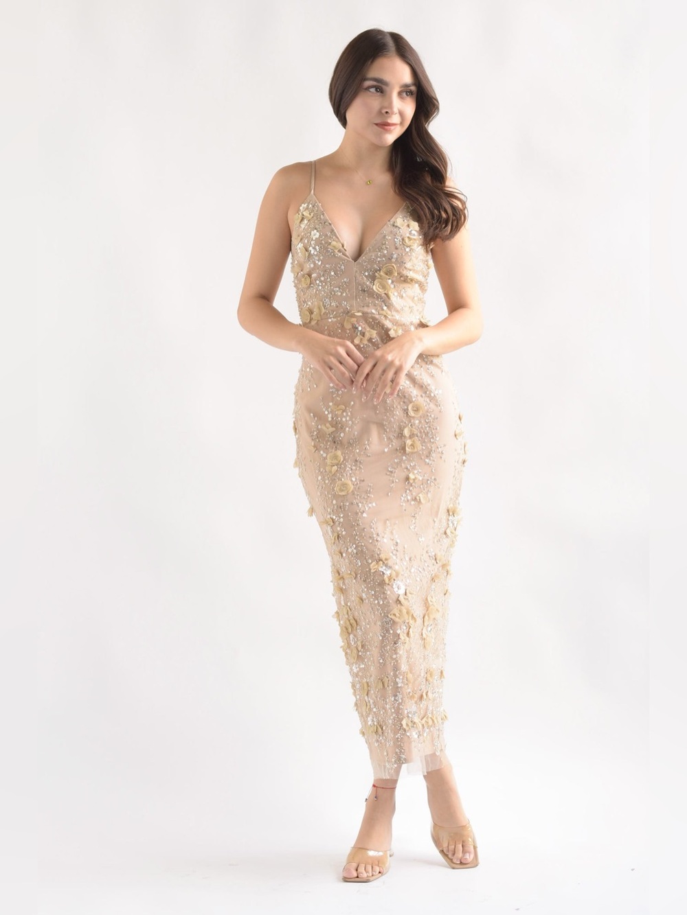 3D floral embellished & sequin mix maxi dress